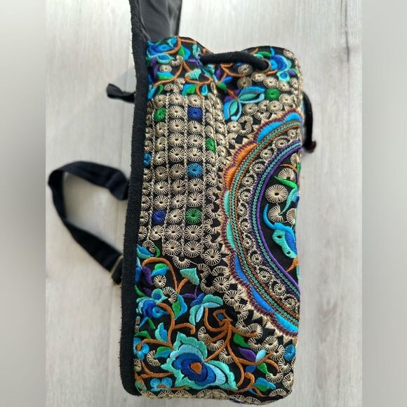 Goodhan Embroidered Bohemian Canvas Backpack Purse Blue/Purple Floral EUC main image 5